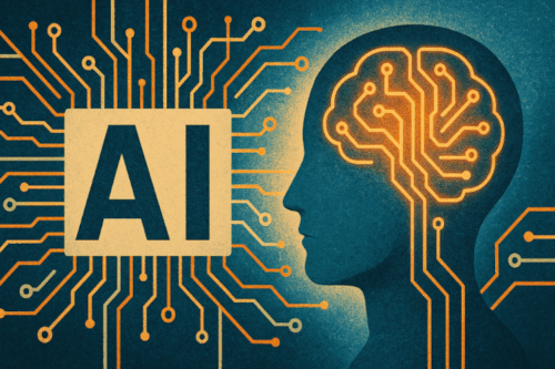 llustration of artificial intelligence represented by a human profile with a circuit-pattern brain and the letters “AI” connected to digital circuitry.