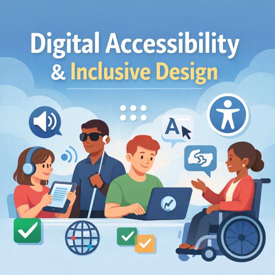 Illustration of diverse people using accessible digital tools, including screen readers, captions, and assistive technology, representing inclusive digital design.