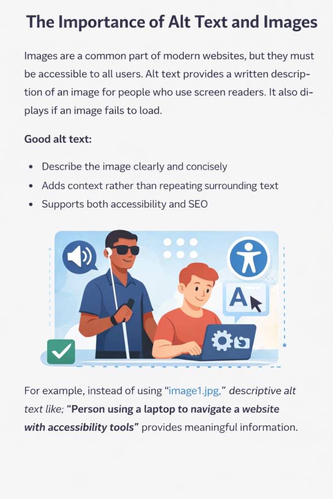 Person using a laptop with accessibility icons displayed, representing the use of alt text and accessible website tools.